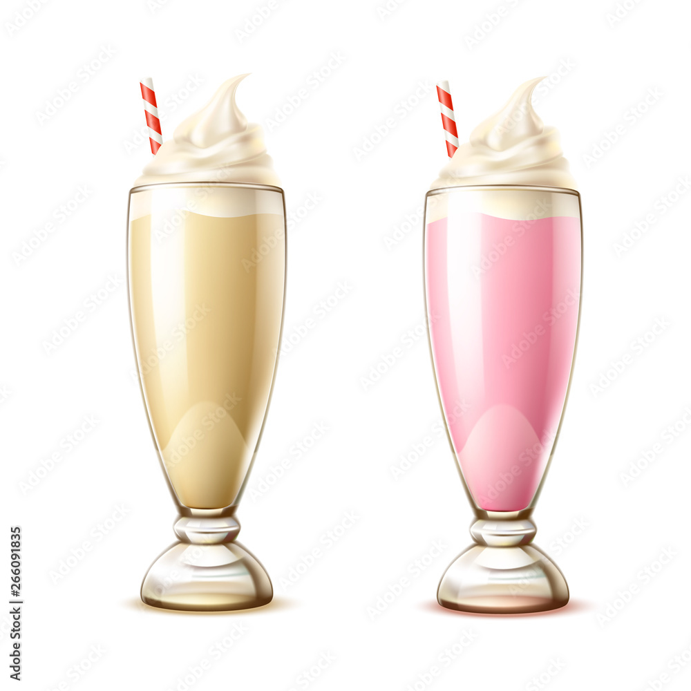 Vecteur Stock Realistic milkshake cocktails with vanilla, strawberry  flavour. Vector sweet drinks for summer party design. Cool refreshing drink  with whipped cream. Cherry juice shake for restaurant menu design | Adobe  Stock