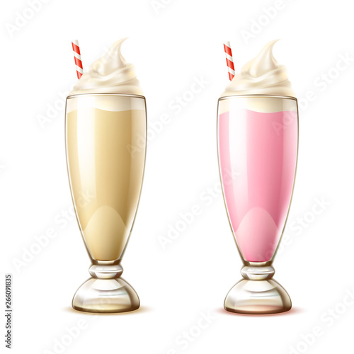 Canvas Print Realistic milkshake cocktails with vanilla, strawberry flavour