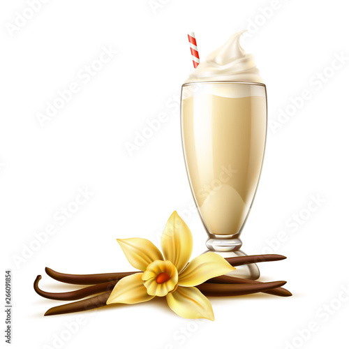 Realistic vanilla banana milkshake cocktail with whipped cream and straw in glass with yellow vanilla orhid flower, dried pod bean sticks. Fresh cold drink for summer product package vector design.
