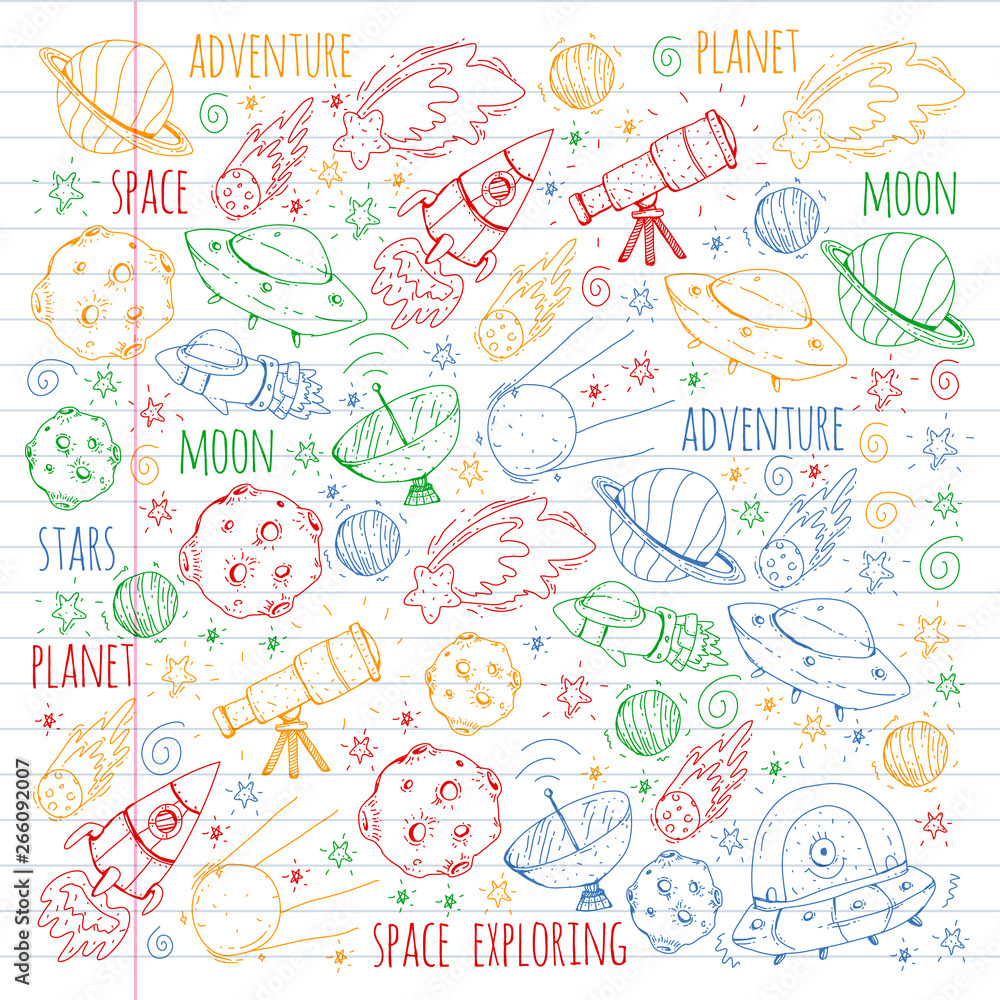 Fototapeta premium Space vector illustration. Science, technology pattern. Rocket and spaceships.
