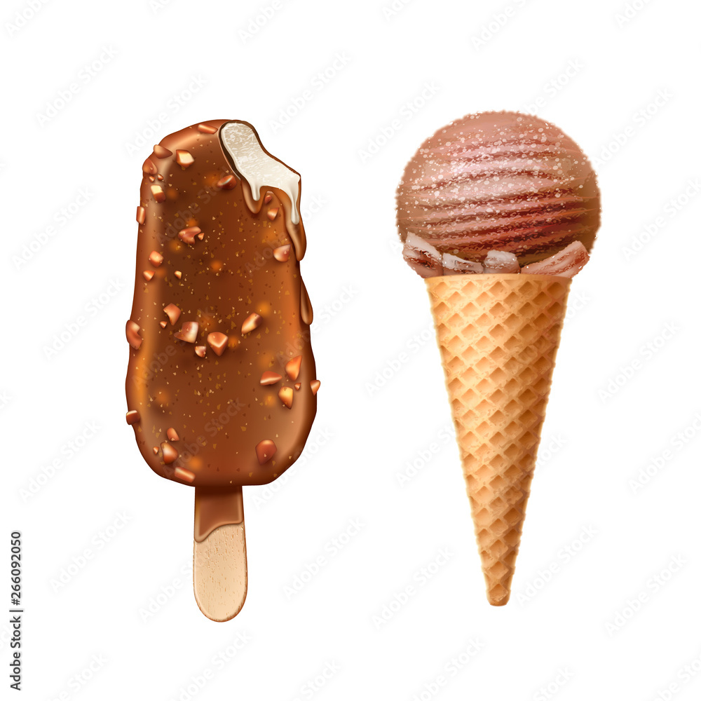 Realistic popsicle chocolate glaze ice cream on wooden stick with nuts,  scoop on waffle cone. Eskimo pie vector 3d sweet dessert illustration, cold  food summer holiday dessert Stock Vector | Adobe Stock