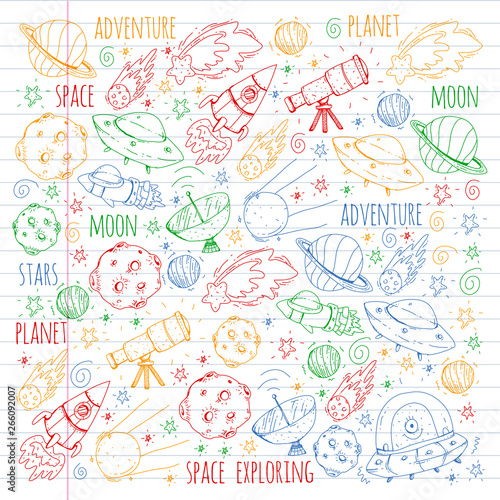 Space vector illustration. Science, technology pattern. Rocket and spaceships.