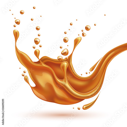 Realistic caramel splash with drops. Sweet liquid explosion for candy product package design. Vector splashing , white liquid in motion. Juicy dessert, fresh summer drink design.