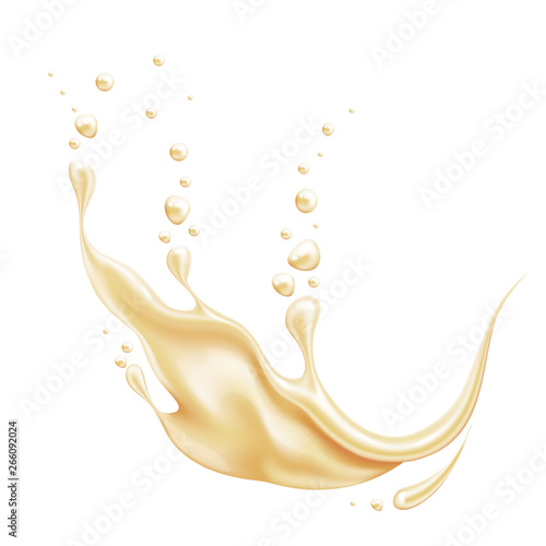 Realistic vanilla splash with drops. Sweet liquid explosion for yogurt, creamy product package design. Vector splashing milk, white liquid in motion. Juicy dessert, fresh summer drink design.