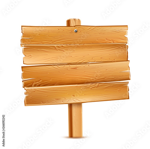 Realistic wooden signage. Rustic signpost for country design. Vintage blank signpost with wood texture. Arrow road guidepost, symbol of adventure and navigation. Vector illustration