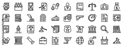 Lawyer icons set. Outline set of lawyer vector icons for web design isolated on white background
