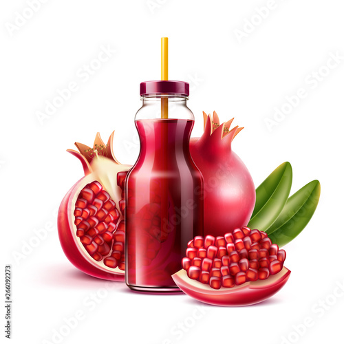 Realistic pomegranate juice bottle with straw and whole fruit , half and seeds with green leaves. Vector juicy ripe fruit for product package, menu design. Sweet tropical food full of vitamins.