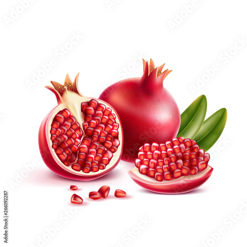 Realistic pomegranate whole, half and seeds with green leaves. Vector juicy ripe fruit for product package, menu design. Sweet tropical food full of vitamins.