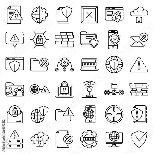 Firewall icons set. Outline set of firewall vector icons for web design isolated on white background