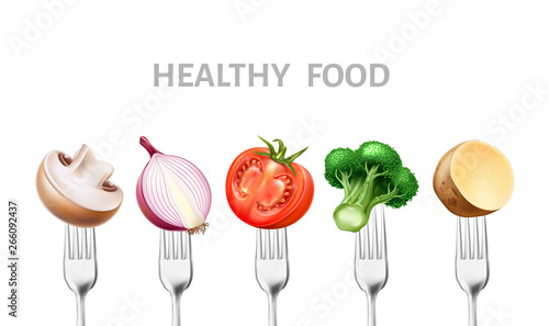 Healthy food concept. Realistic sliced vegetables on silver forks. Vector tomato, champignon, onion broccoli and potato sliced on tableware. Restaurant, cafe menu design.