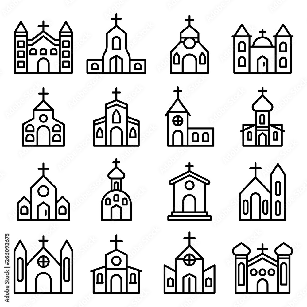 Church icons set. Outline set of church vector icons for web design isolated on white background