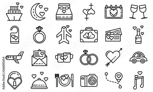 Honeymoon icons set. Outline set of honeymoon vector icons for web design isolated on white background