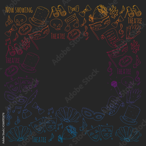 Theatre vector illustration. Entertaiment, cinema, stage, event. Background for banners, posters.