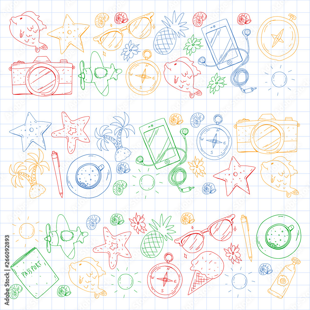 Travel vector pattern. Adventure, beach, tropical design. Travel vector pattern. Adventure, beach, tropical design.
