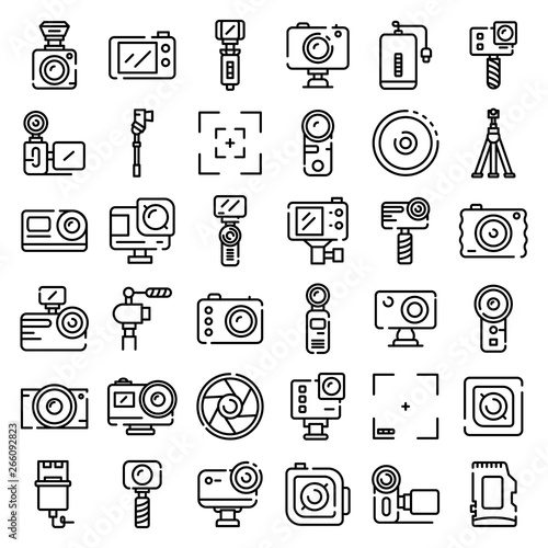 Action camera icons set. Outline set of action camera vector icons for web design isolated on white background