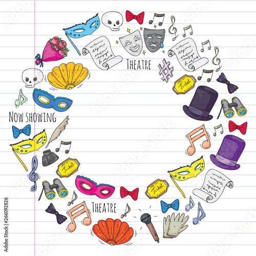 Theatre vector illustration. Entertaiment, cinema, stage, event. Background for banners, posters.