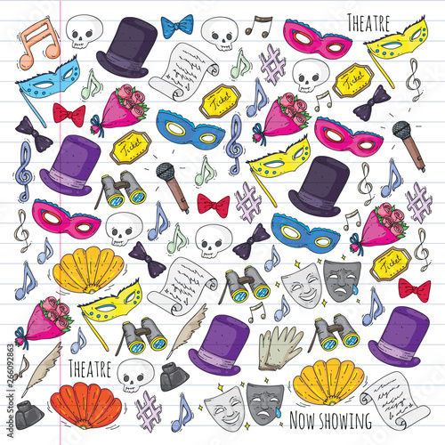 Theatre vector illustration. Entertaiment, cinema, stage, event. Background for banners, posters.