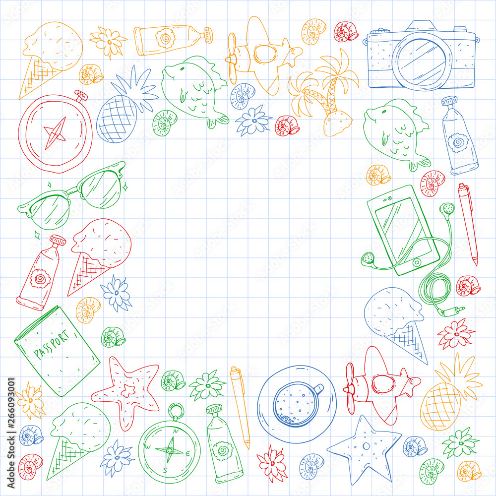 Travel vector pattern. Adventure, beach, tropical design. Travel vector pattern. Adventure, beach, tropical design.