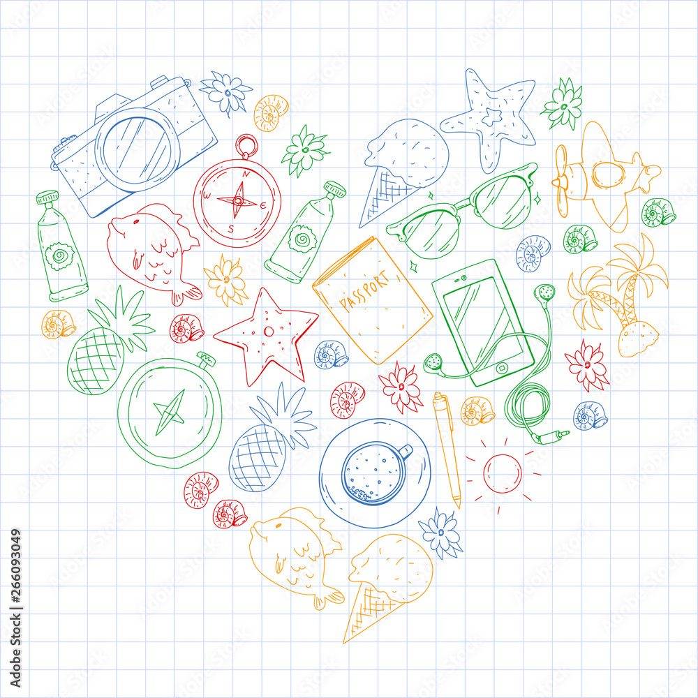 Fototapeta premium Travel vector pattern. Adventure, beach, tropical design.