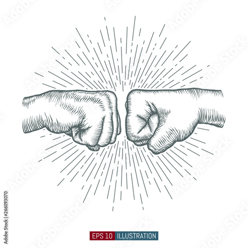 Hand drawn hand gesture. Fist to fist symbol. Linear vintage style sun rays background. Template for your design works. Engraved style vector illustration.