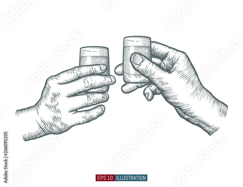 Hands holding glasses. Template for your design works. Engraved style vector illustration.