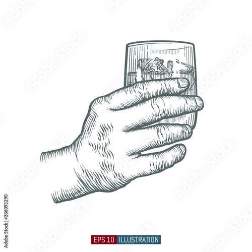 Hands holding glasses. Template for your design works. Engraved style vector illustration.