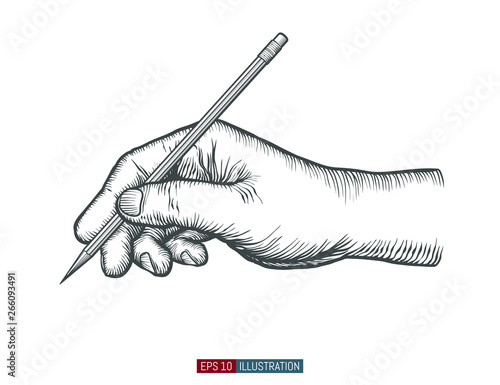 Hand drawn hand holding pencil.  Template for your design works. Engraved style vector illustration.