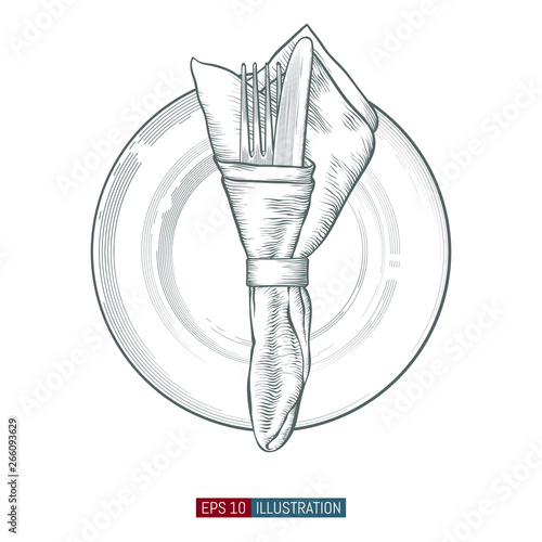 Hand drawn plate, fork, knifes and napkin. Engraved style vector illustration. Elements for your design works.