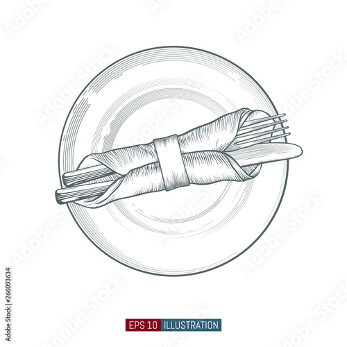 Hand drawn plate, fork, knifes and napkin. Engraved style vector illustration. Elements for your design works.