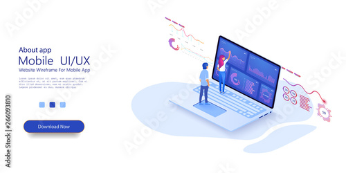 People work in a team and interact with graphs with isometric laptop.Online statistics and data Analytics.Digital money market, investment, finance and trading. Perfect for web design, vector 