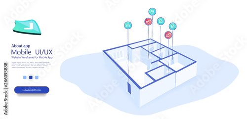 Security system of smart home. Smart home automation and internet of things (IoT) illustration with icons. Home protection wireless system. Isometric vector illustration.