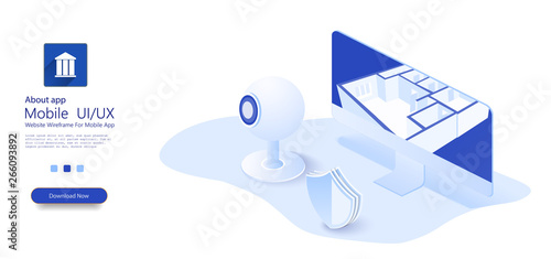 Remote surveillance of the house through the camera. Smart home connection and control with devices through home network. Home protection wireless system. Isometric vector illustration.
