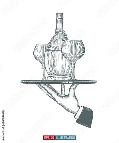Waiter hand holding tray with wine bottle and glasses. Template for your design works. Engraved style hand drawn vector illustration.