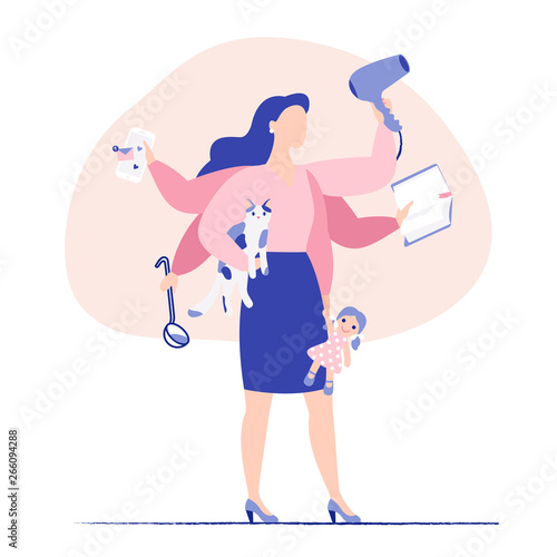 Multitasking business woman and mother concept. Young mother and business woman with six hands doing a lot of tasks at the same time. Flat colorful vector illustration.
