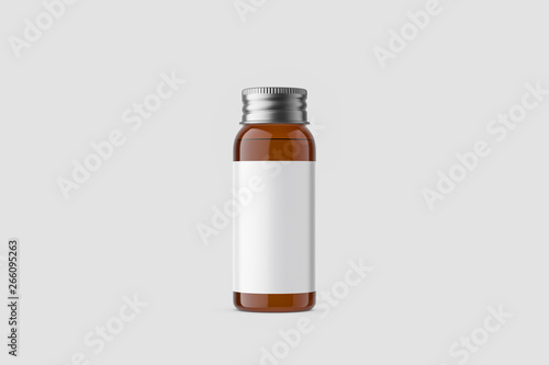 Amber glass Bottle with blank label Mock up on soft grey background. 3D rendering. Mock up template ready for your design