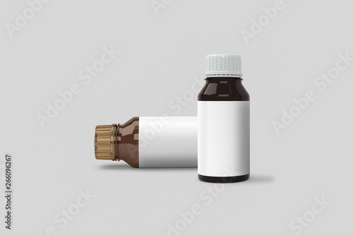Glass Bottle blank label on soft gray background.Amber glass bottle Mock-up. Medicine and vitamins, examples and templates isolated. 3D rendering. 