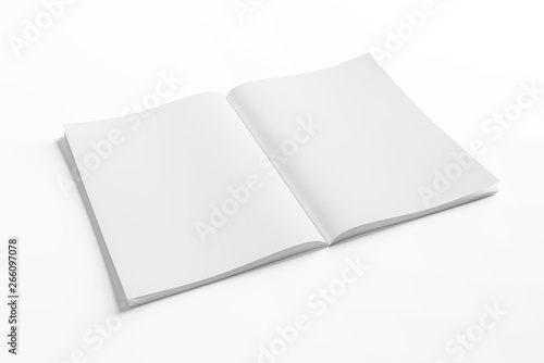 Isolated white open magazine mockup on white 3D rendering