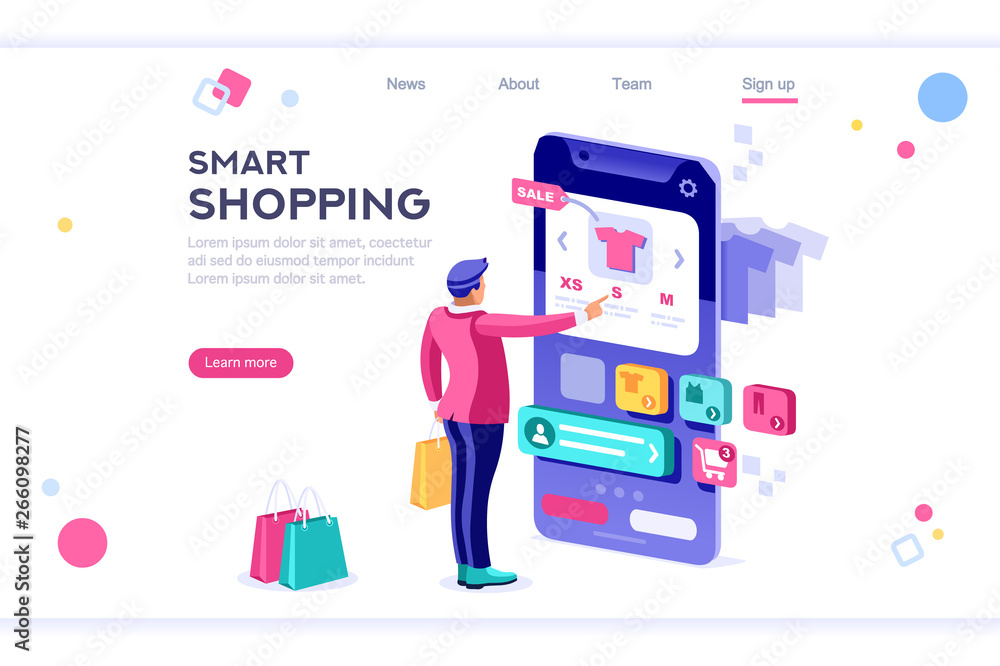 E-commerce buyer. Internet items. Banner between white background, between empty space. 3d images isometric vector illustrations. Interacting people