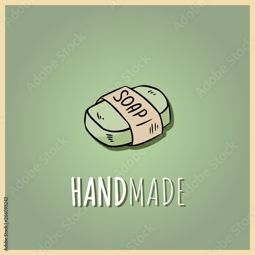 Handmade natural soap logo. Vector hand drawn illustration of organic cosmetic. Great for label, logo, banner, packaging, spa and body care promotion