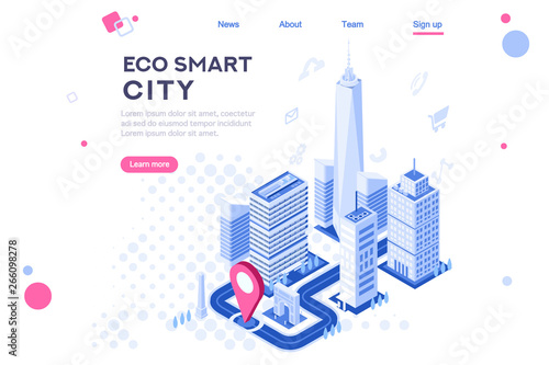 Web city smart eco system for engineers. Build flat complex, tech dashboard, virtual ui, architecture homepage. Map of skyscraper center. Banner, 3d isometric buildings isolated on white background