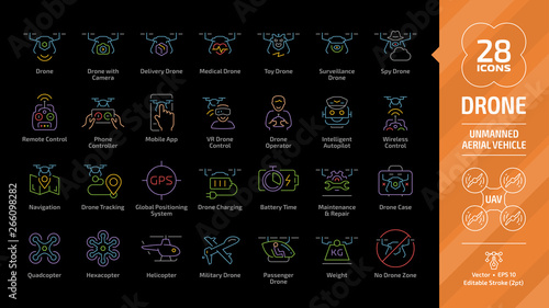 Drone unmanned aerial vehicle editable stroke outline color icon set on a black background with UAV digital technology, maintenance and repair, copter case, weight line pictogram.