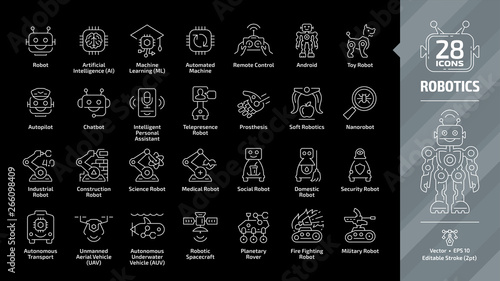 Robotics industry editable stroke outline icon set on a black background with autopilot, chatbot, intelligent personal assistant, tele presence, prosthesis, soft and nano robot tech line sign.
