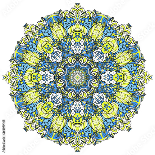 Mandala, tracery wheel mehndi design. Ethnic ornament, colorful doodle symmetry texture. Folk traditional spiritual tribal design.  Curved shape, isolated on white. Color art. Vector