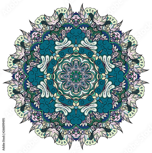 Mandala, tracery wheel mehndi design. Ethnic ornament, colorful doodle symmetry texture. Folk traditional spiritual tribal design.  Curved shape, isolated on white. Color art. Vector