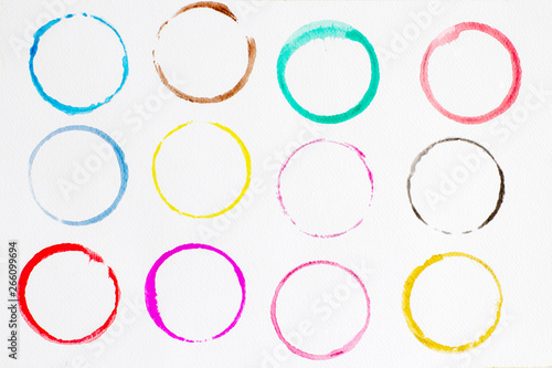 Circle shape design elements. Set of multicolored watercolor, Abstract illustration on a white background.
