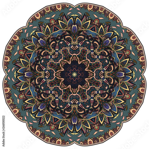 Mandala, tracery wheel mehndi design. Ethnic ornament, colorful doodle symmetry texture. Folk traditional spiritual tribal design. Curved shape, isolated on white. Color art. Vector