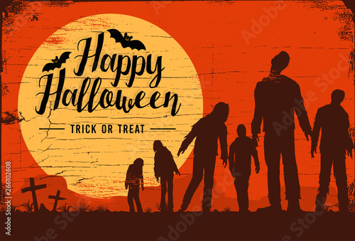 Silhouette of zombies walking at graveyard, Vector Illustration