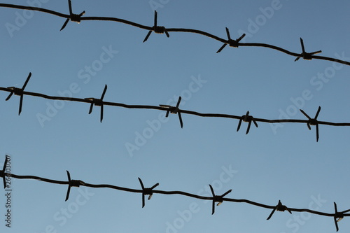Barbed wire against pale blue sky