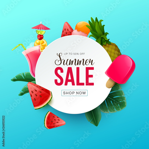 Summer sale background with tropical fruits, cocktails and sweets. Vector illustration.