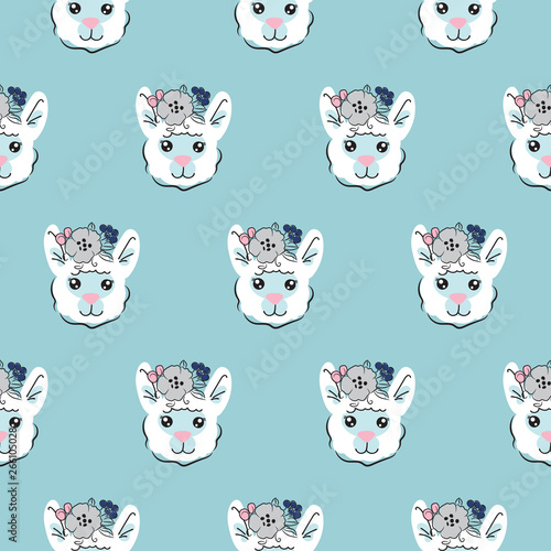 Lama seamless vector pattern. Cute animal with flower on head light blue print.